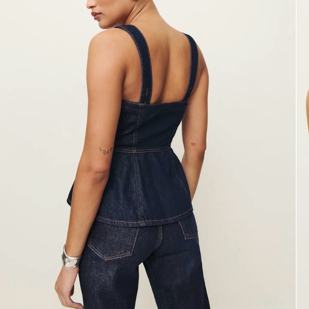 Reformation Dark Indigo Denim Zip-Front Peplum Tank - Picture 2 of 8